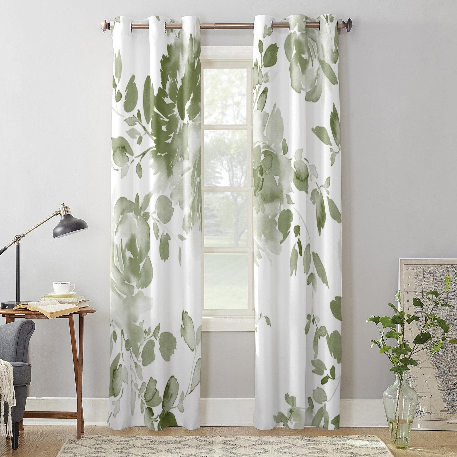 Sage Green Watercolor Flowers Window Curtains for Living Room Bedroom Curtain Modern Kitchen Blinds Drapes Curtains 135W x 230H(cm) x1