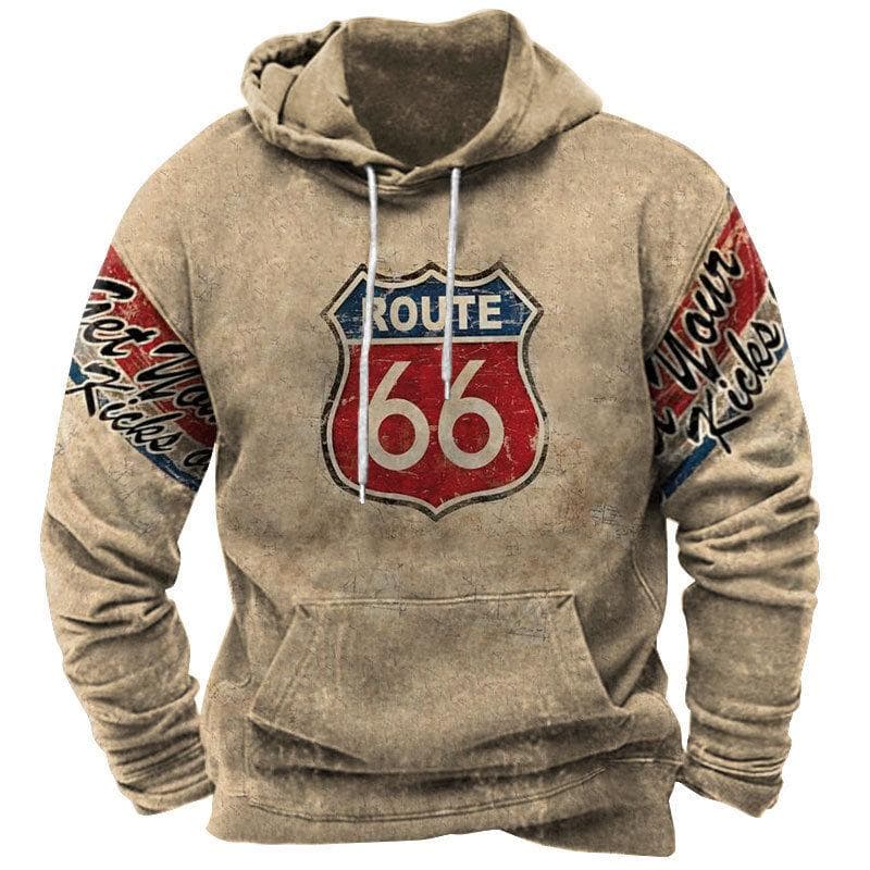 Fashion Vintage Men's Hoodie 66 Highway 3D Printing Hooded Sweatshirt Punk Streetwear Winter Jacket Tops Men's Casual Pullover L