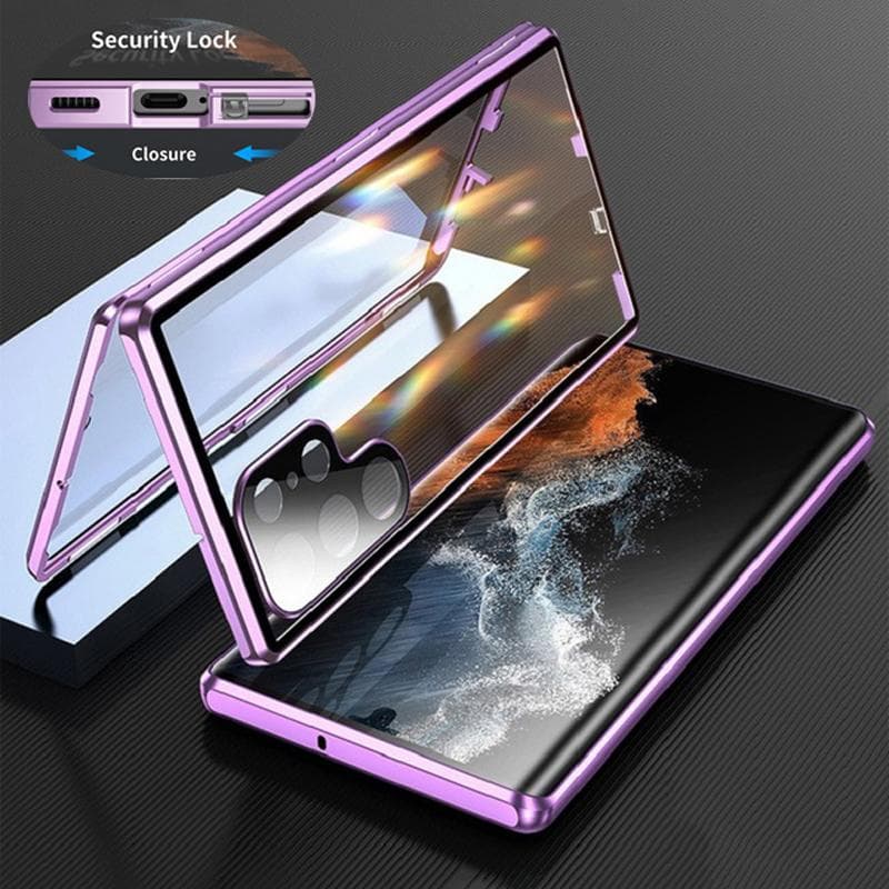 360 Full Protection Metal Magnetic Double-sided Glass Case For Samsung Galaxy S25 S24 S23 FE S22 Ultra S21 Plus Lens Protection Snap Lock Cover For Samsung S24 Ultra purple