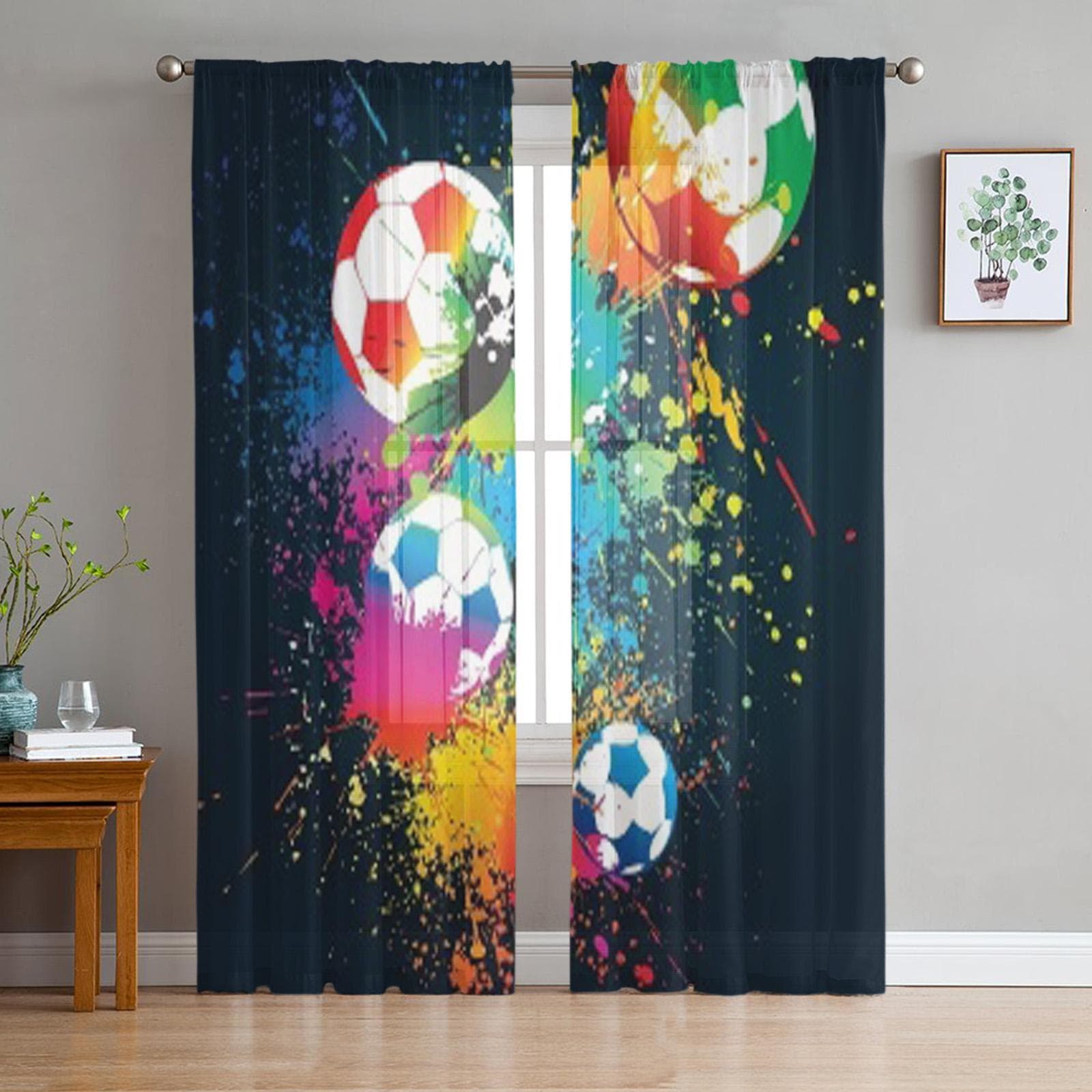 Colorful Footballs Luxurious Chiffon Sheer Curtains for Living Room Bedroom Decoration Window Voiles Tulle Curtain 135W x 114H(cm)
