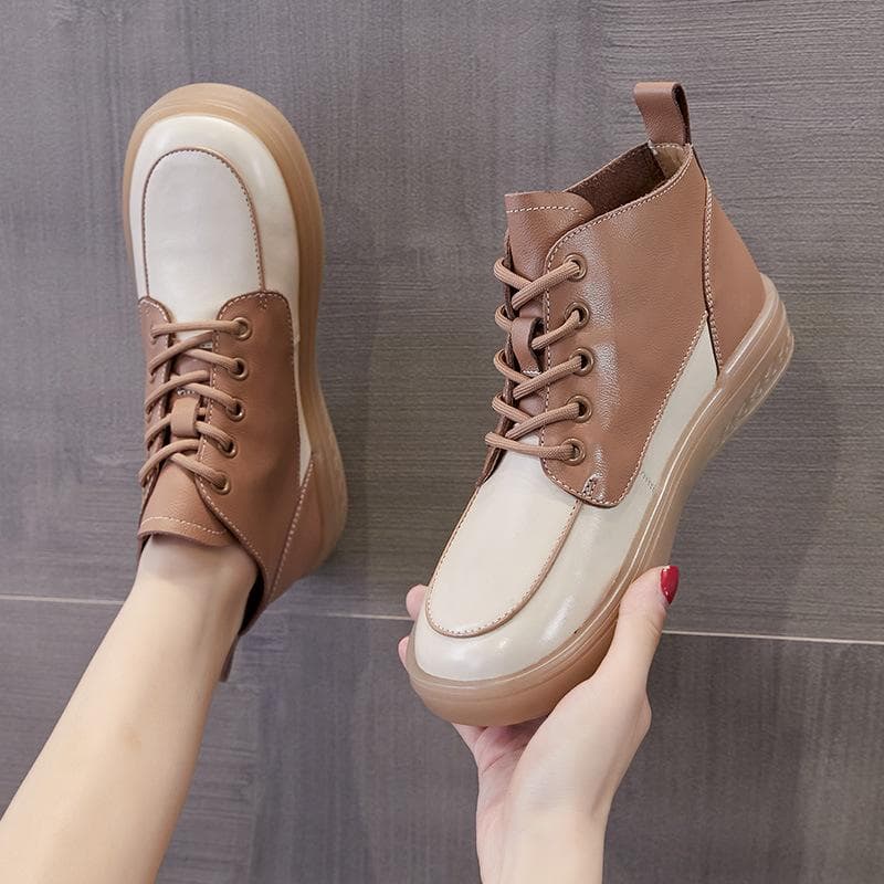 Leather High-top White Shoes Women New Comfortable Non-slip Small Leather Boots Soft Flat Bottom Short Boots Board Shoes 40
