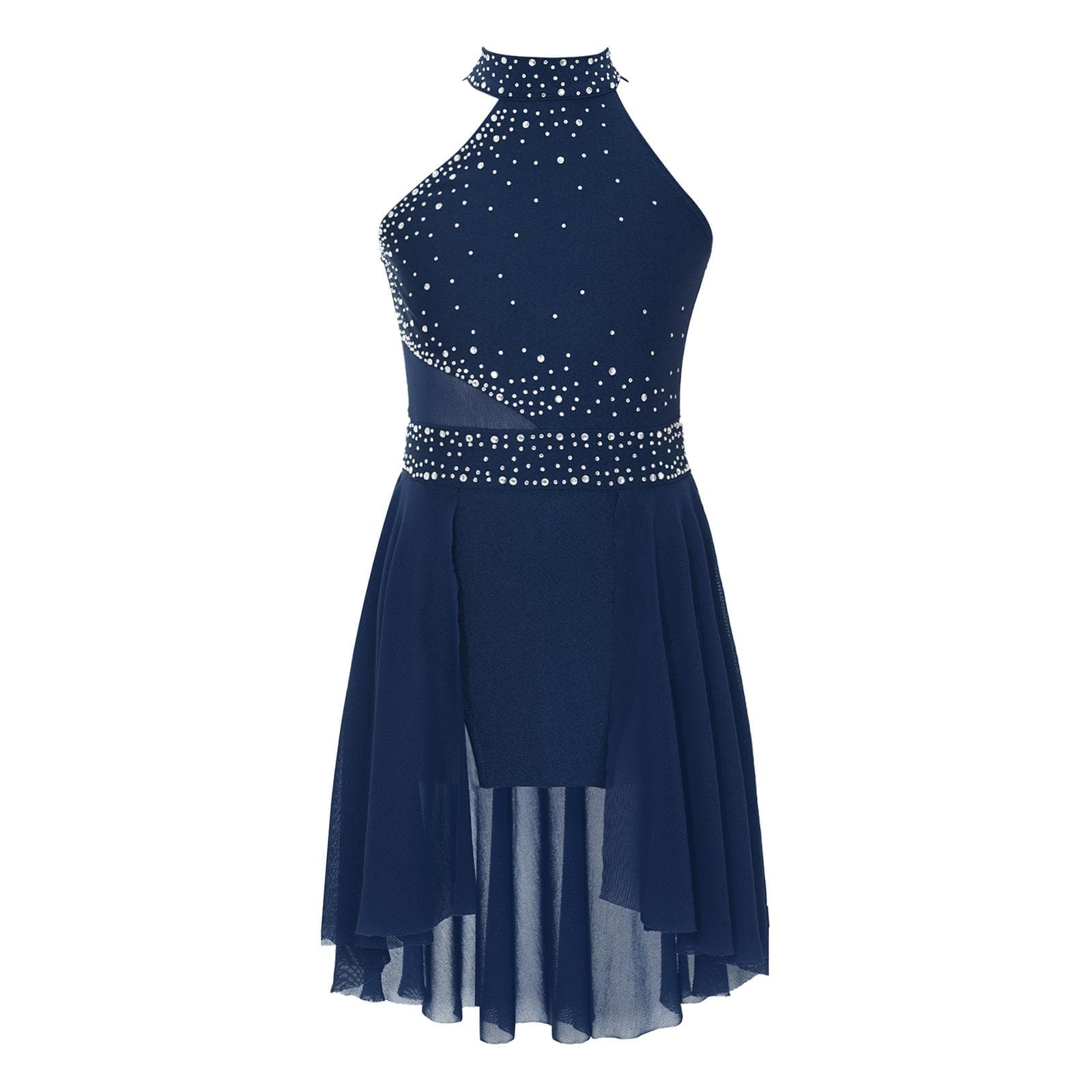 Girls Glittery Rhinestones Leotard Dress Irregular Hem Sleeveless Lyrical Dance Performance Costume 15-16 Years