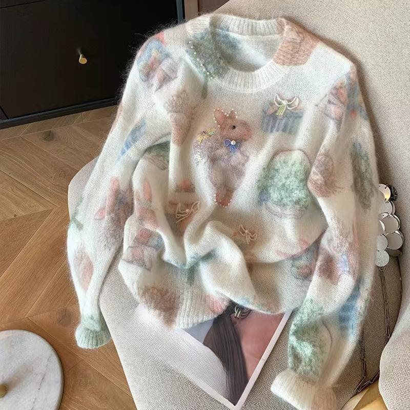 Printed Mohair Sweater Women's Autumn and Winter New Sweet Top L