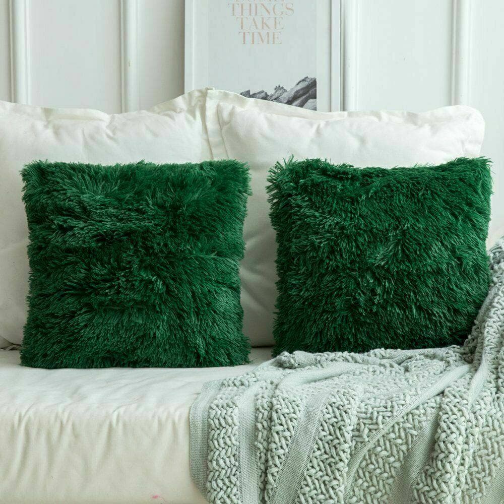 45CM X 45CM Fluffy Faux Soft Plush Pillow Case Cover Cushion Home Bed Sofa Decor dark green