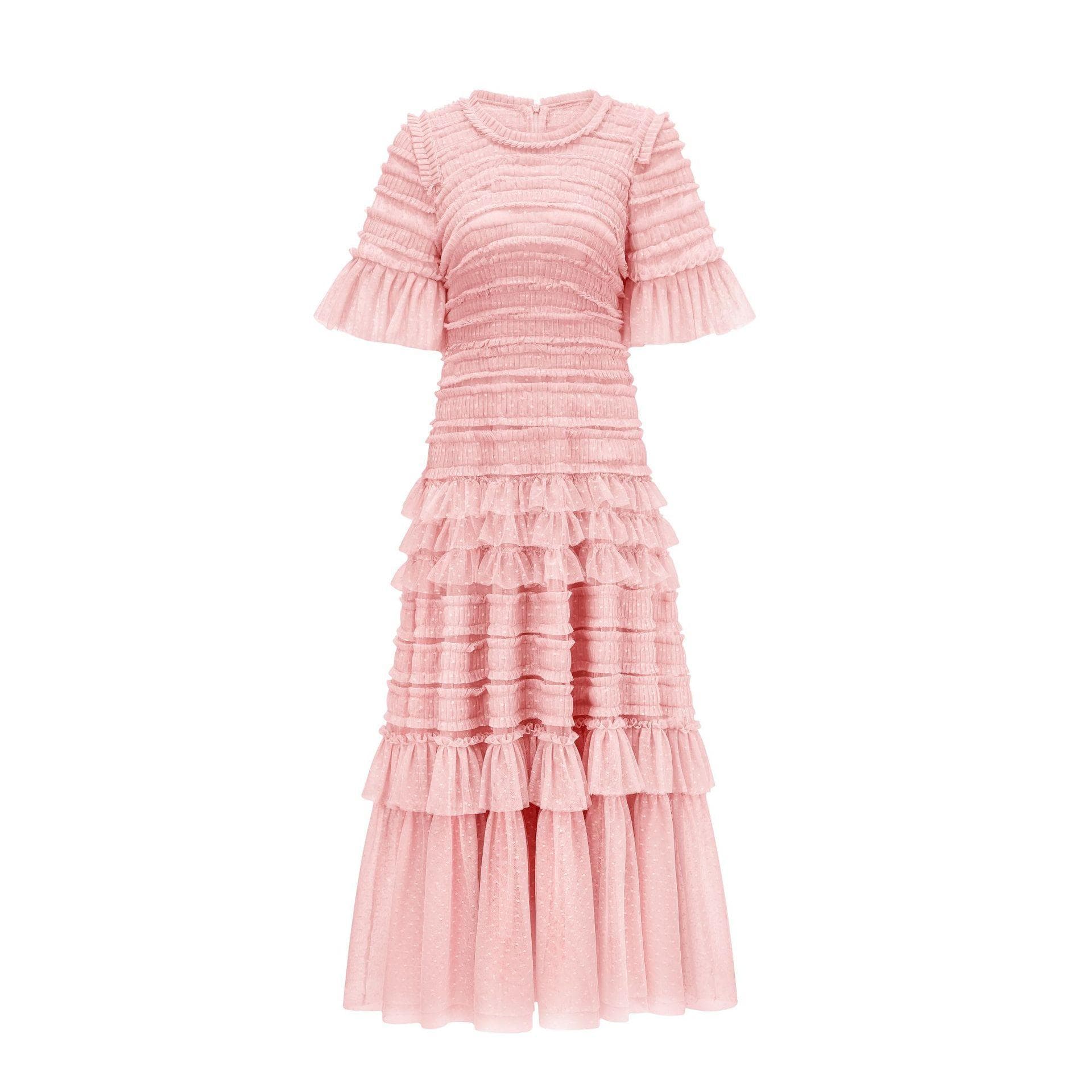 Summer New Product Round Neck Temperament Elegant Style Short Sleeve Long Dress XL pink