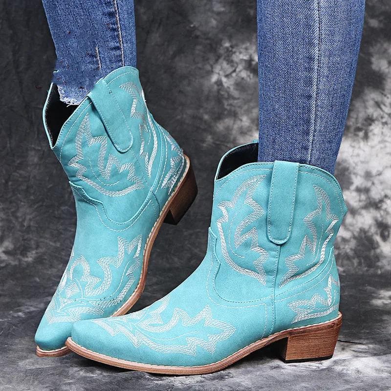 Fashion Vintage Embroidery Cowboy Woman Boots 2024 Autumn Winter Thick Heels Ankle Boots For Women Red PU Leather Western Botas Mujer 36 blue