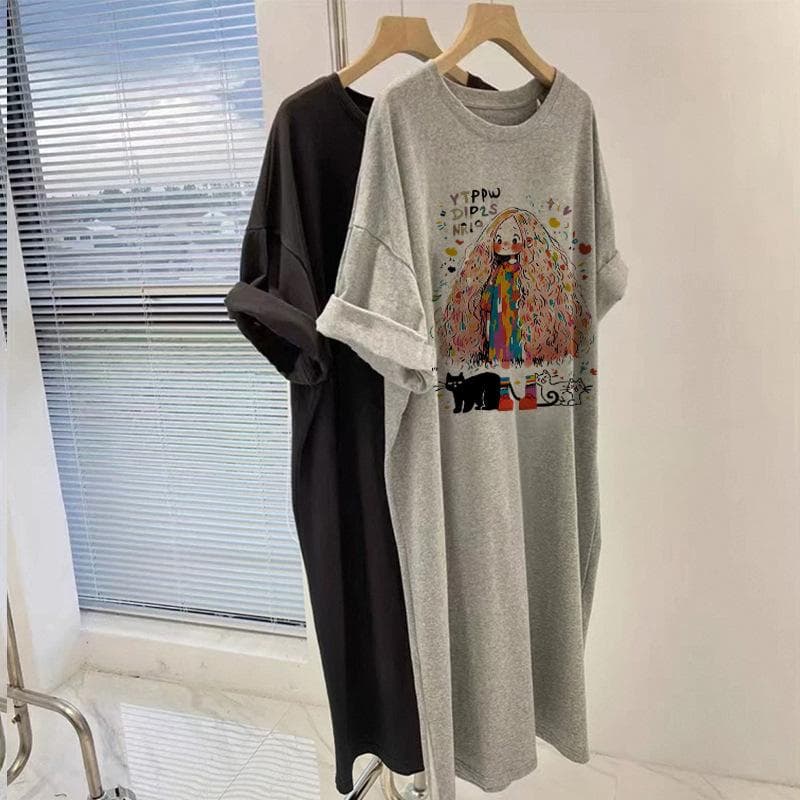 Letter Print Dress Summer New Korean Fashion Loose Casual Long T-shirt Skirt XL