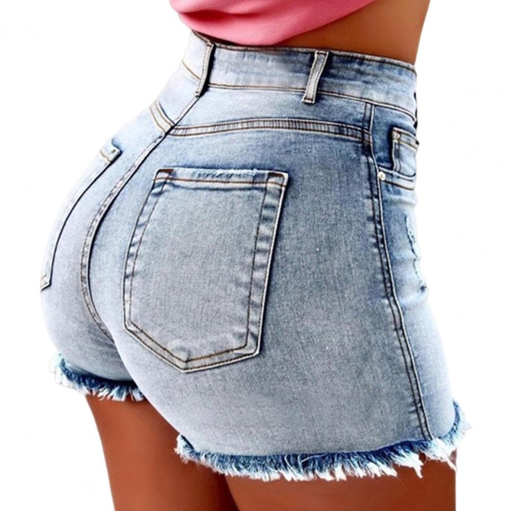 Women Shorts Vintage High Waist Distressed Denim Shorts with Butt-lifted Design Side Pockets for Women Retro Washed Party Pants M light blue