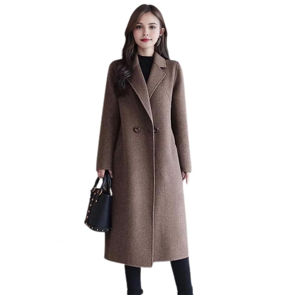 Women Jacket Turn-down Collar Pockets Solid Color Double-breasted Loose Fit Overcoat Thermal Long Sleeved Commuting Dating M coffee