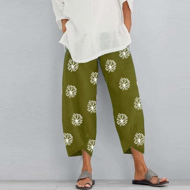 Women Vintage Harem Pants Floral Print Elastic Waist Plus Size Loose Trousers Cotton Linen Wide Leg Pant Loose Summer Pants XXXXXL green