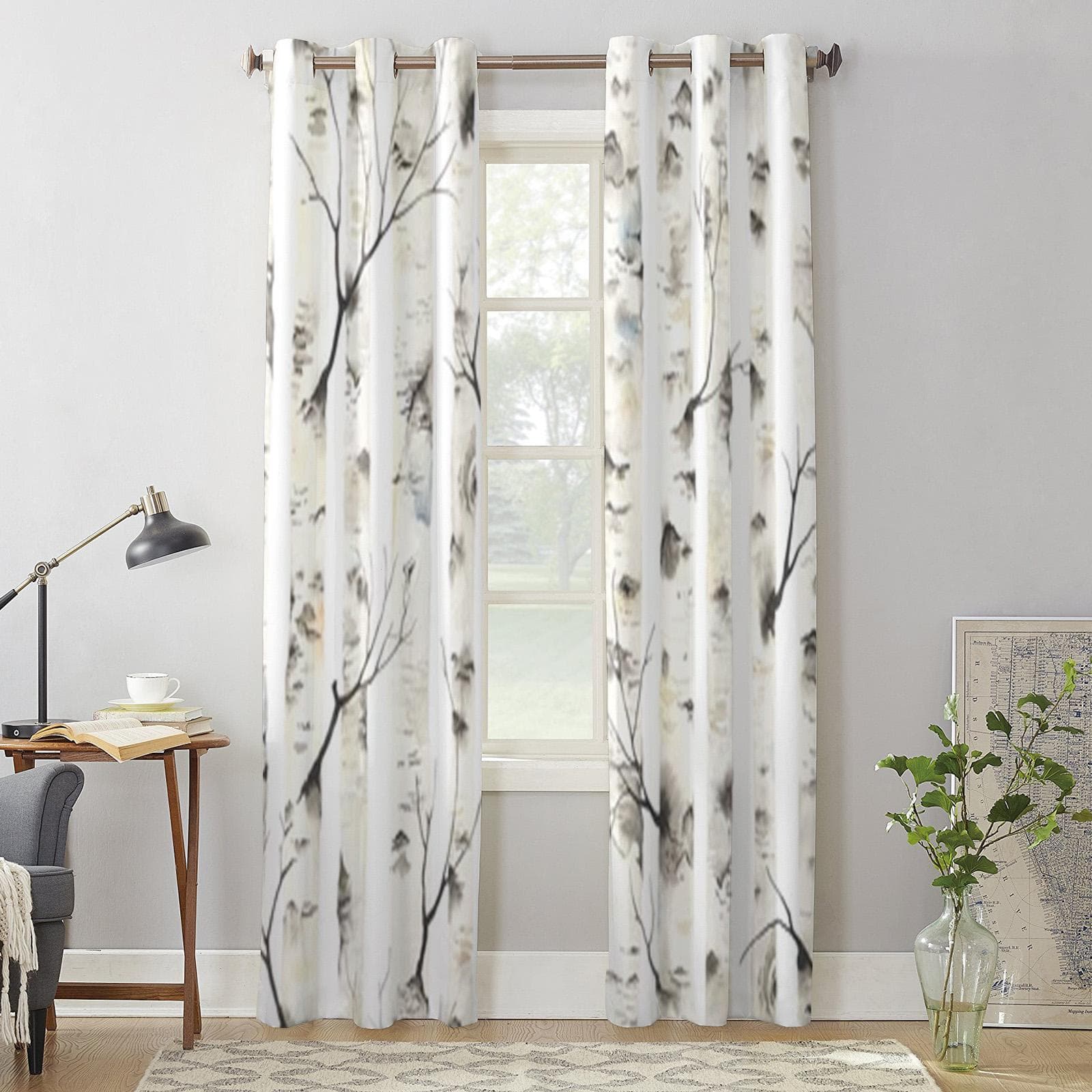 Birch Trees Branches Watercolor Window Curtains For Living Room Luxury Bedroom Decor Drapes Kitchen Window Treatments Curtains 70W x 100H(cm) x2