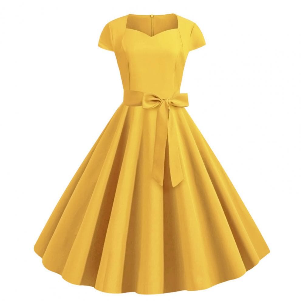 Women Dress V Neck Belted Bow Decor A-line Big Swing Tight High Waist Solid Color Retro Short Sleeve Princess Style Lady Midi Dr M yellow