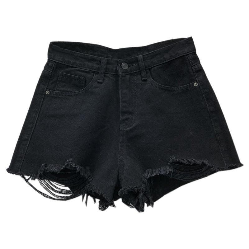 New Summer Korean Version of Loose Ripped High Waist Slimming A-line Crumb Trousers Black Denim Shorts for Women 2XL black