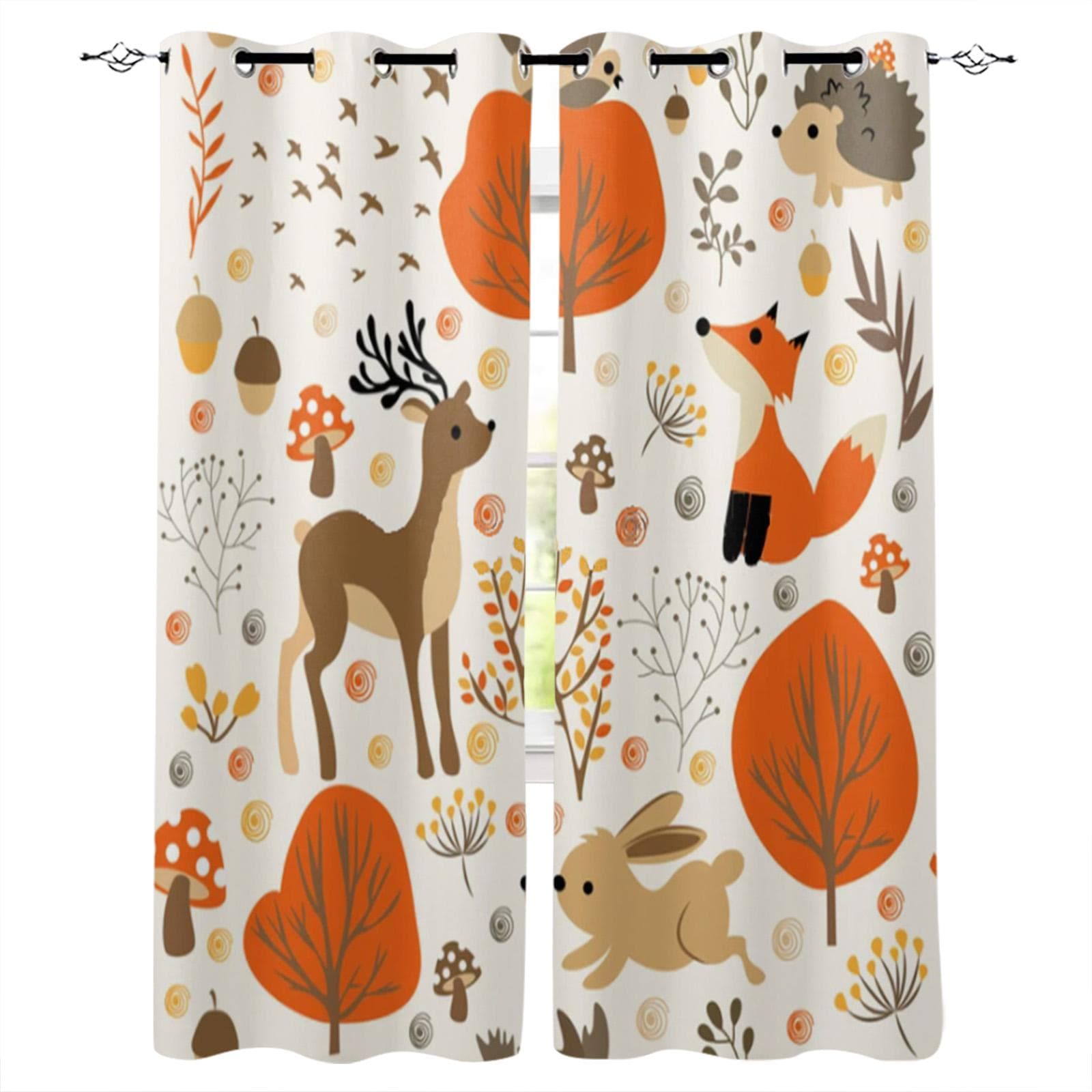 Cartoon Forest Animal Tree Fox Bear Rabbit Child Window Curtains Curtains for Living Room Decorative Items Living Room 135W x 215H(cm)