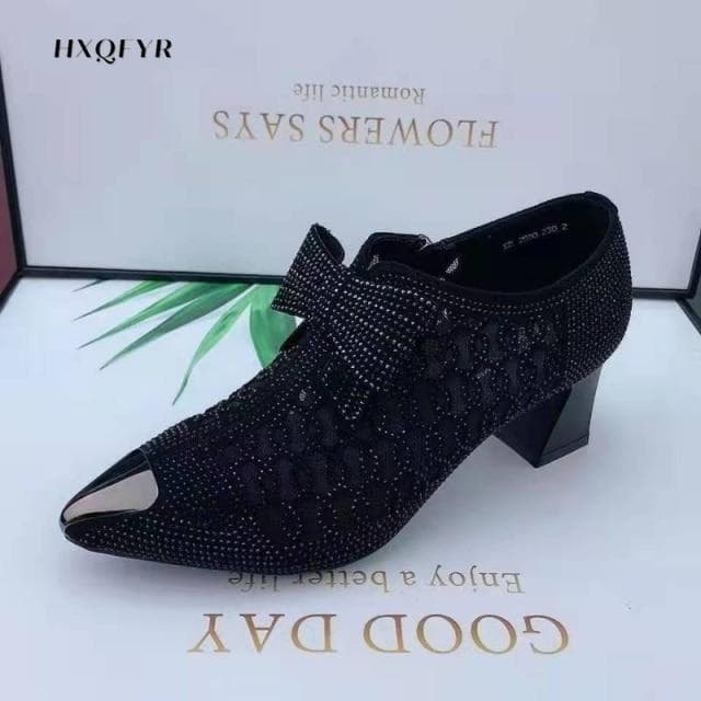 Women Naked Boots Sexy Hollow Out Rhinestone Mesh Shoes Fashion Bowknot Summer Heels Pointed Toe Boots Women Shoes 40 black