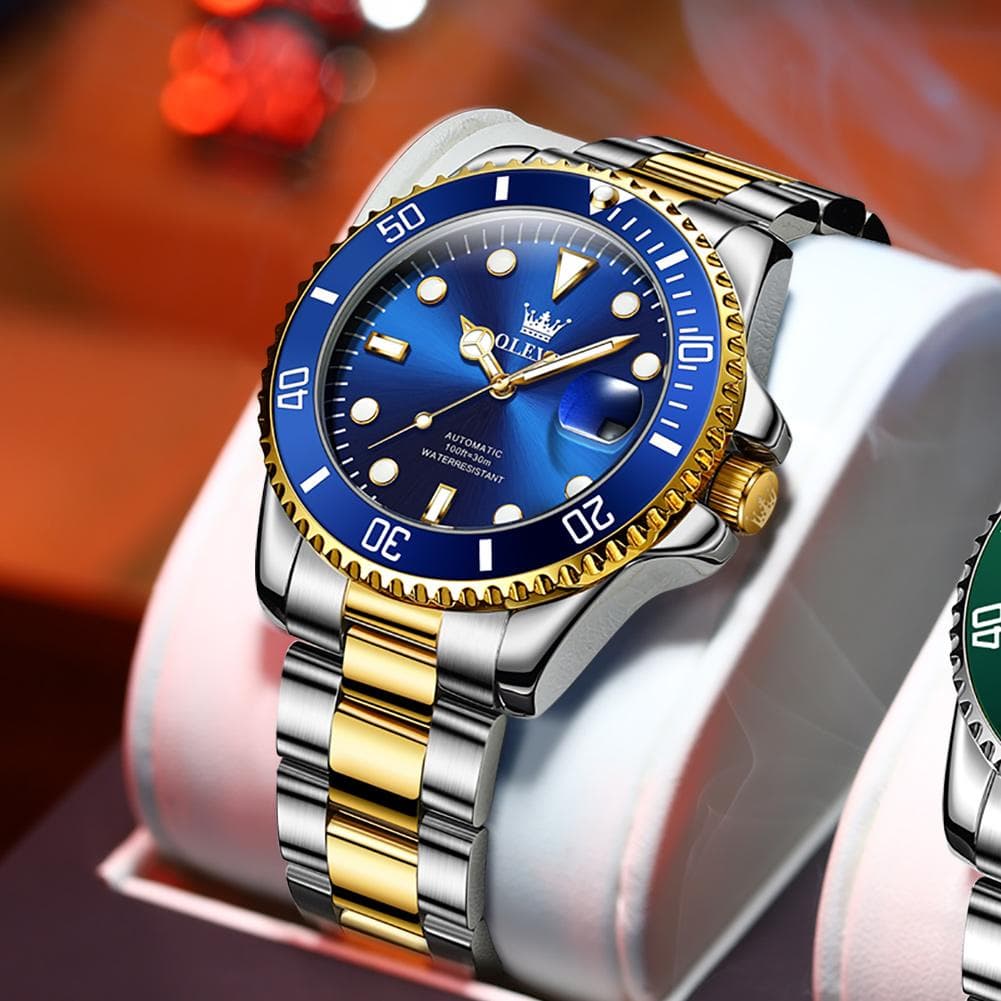 Men's Watches Classic Fashion Automatic Mechanical Wristwatch Waterproof Luminous Date Trend Diving Type gold/blue