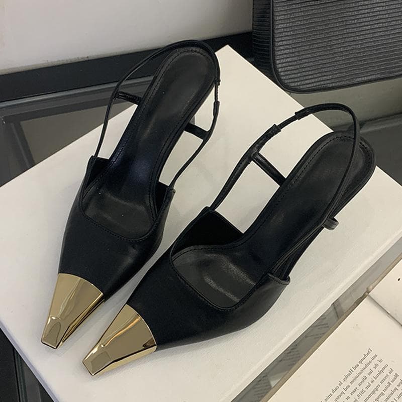 Liyke Fashion Design Metal Pointed Toe Slip On Back Strap High Heels Slingback Sandals Women Pumps Summer Party Prom Shoes Brown 40