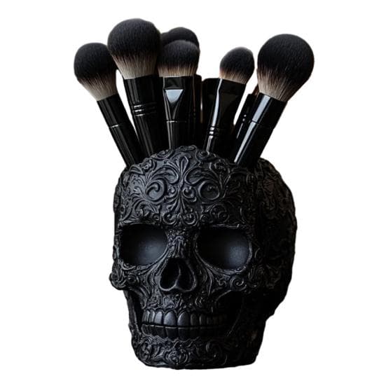 Makeup Brush Holder Skull Shape Large Capacity Makeup Brush Container Sturdy Resin black