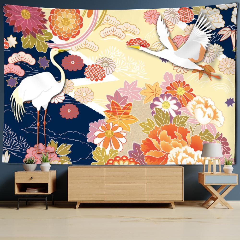 Crane Bird Wall Hanging Tapestry Oil Painting Retro Bohemian Art Mattress Room Bedroom Home decoration Decor 95x70cm
