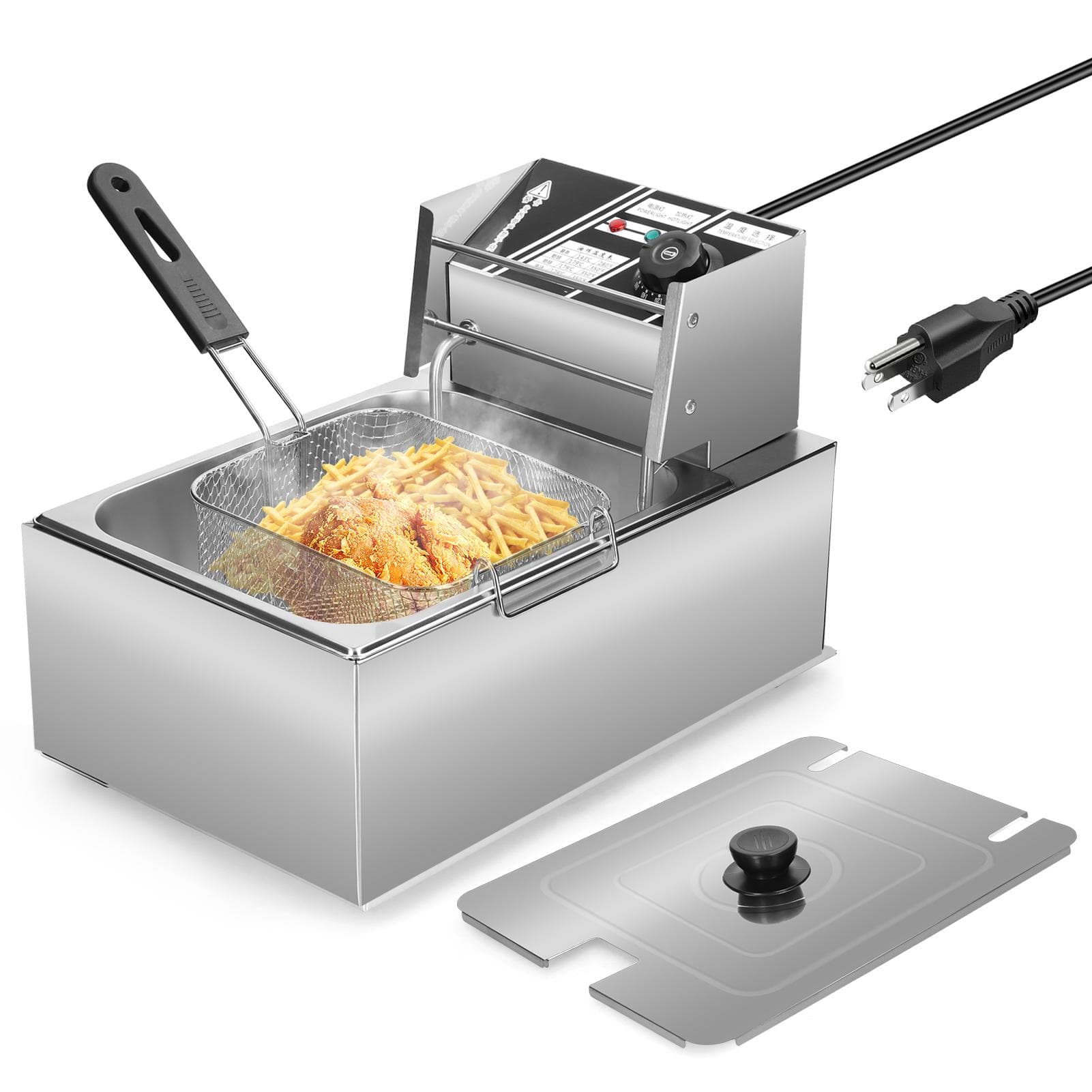 Electric Deep Fryer Stainless Steel Fry Machine Chicken Fryer 6L Oil Capacity with Removable Frying US Plug silver