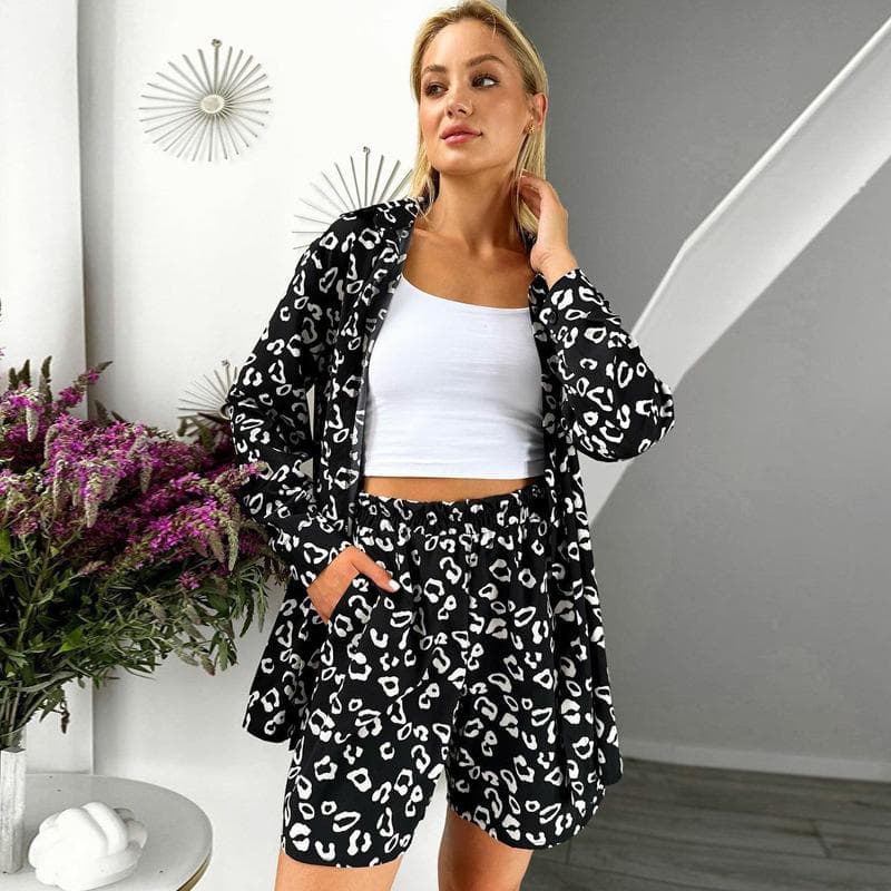 Women's Leopard Print Cardigan Shirt, Loose Shorts, Summer Commuting Women's Two-piece Set XL
