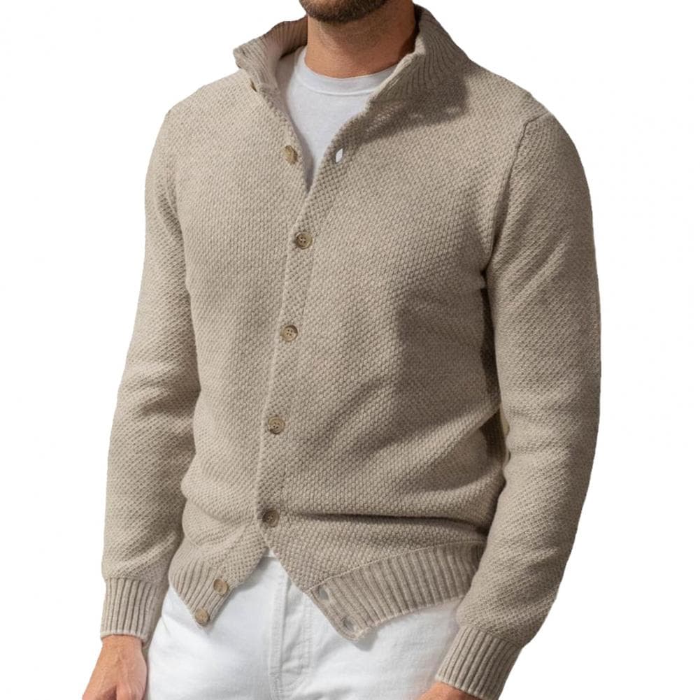 Fall Winter Men Sweater Knitted Single-breasted Buttons Long Sleeves Stand Collar Solid Color Elastic Cardigan Mid Length Daily M grey