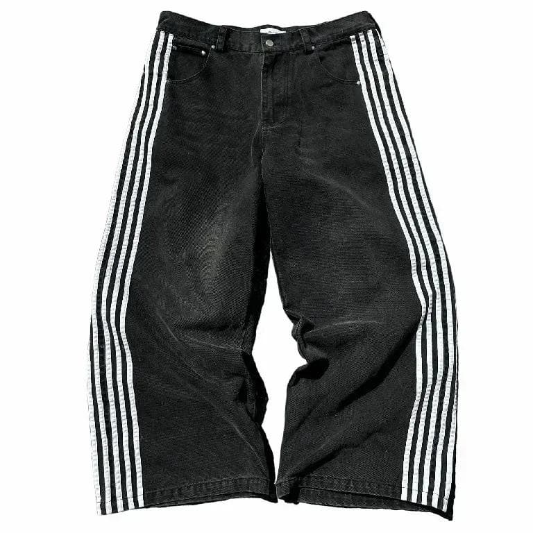 Unisex Streetwear Jeans Y2K Denim Pants Hip Hop Retro Striped Embroidered Baggy Jeans Mens Womens High Waist Wide Leg Trousers XL black