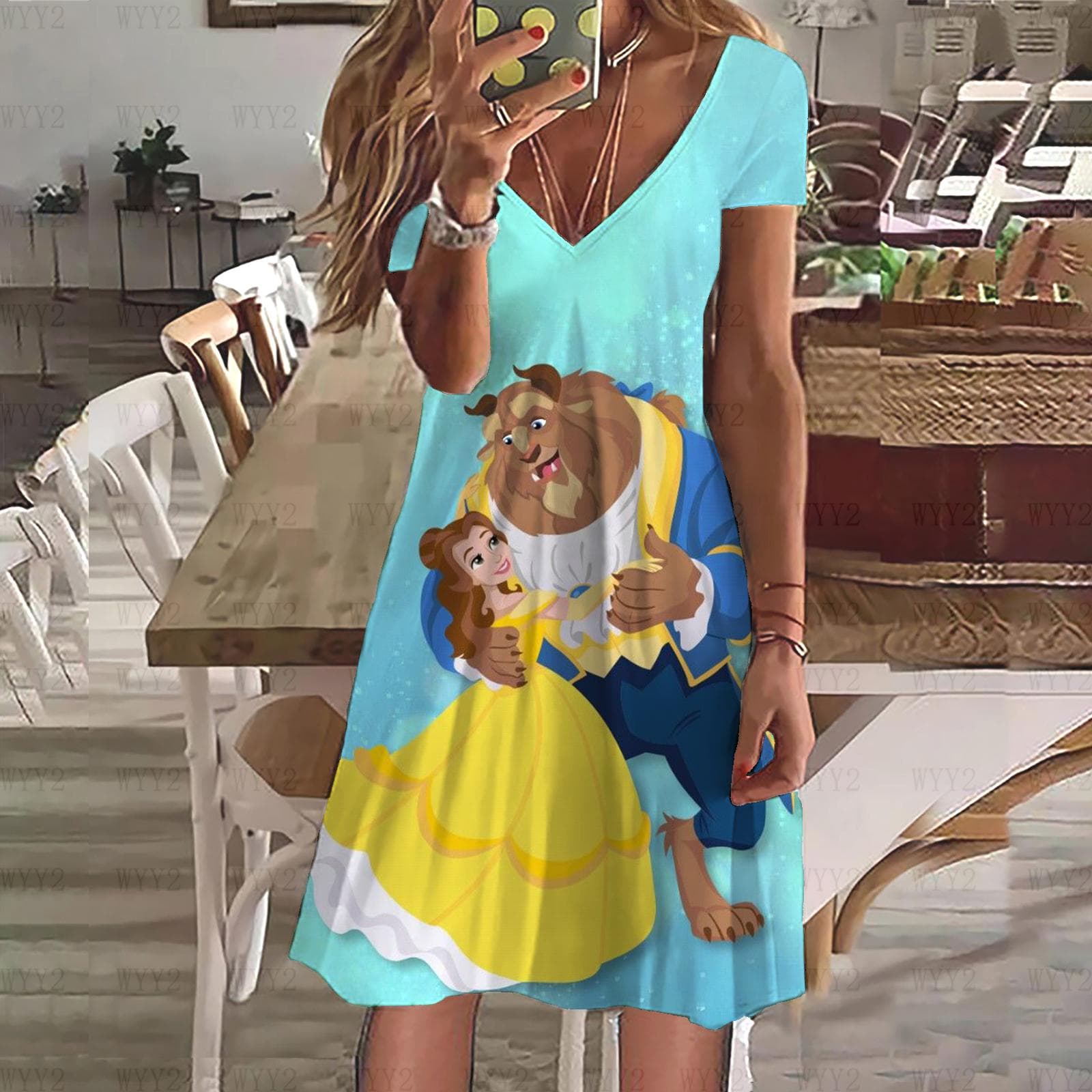 New Dress Disney Beauty and the Beast Print Summer Ladies V Neck Short Sleeve Dress Ladies Clothing Casual Street Style 7XL