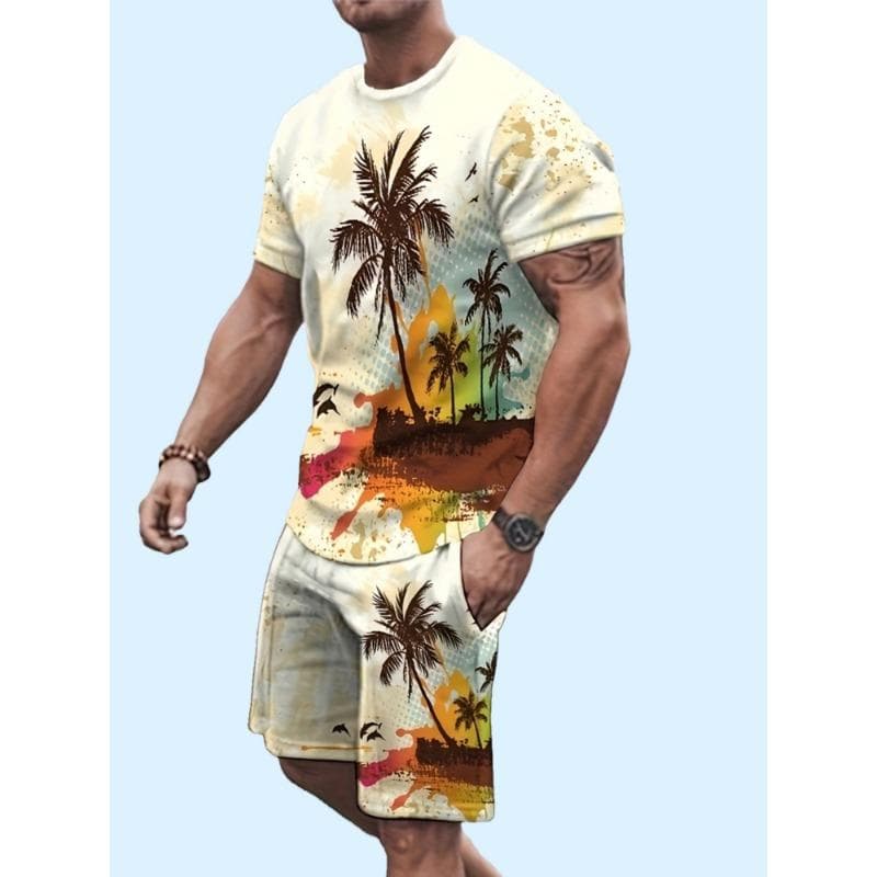 Two Sets European and American Men 3D Summer Coconut Beach Wind Pattern Suit Short Sleeve Shorts Printed Suit XXL