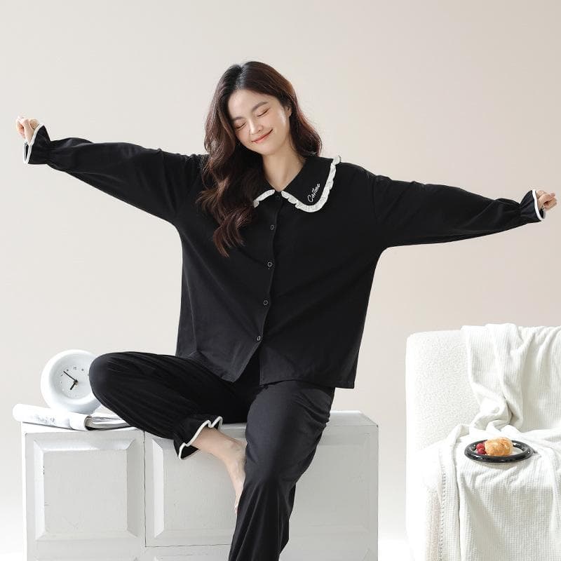 New Sleepwear Women's Spring Long Sleeved Pure Cotton A-Class Puller Cotton Leisure Comfortable Home Furnishing Set XXL