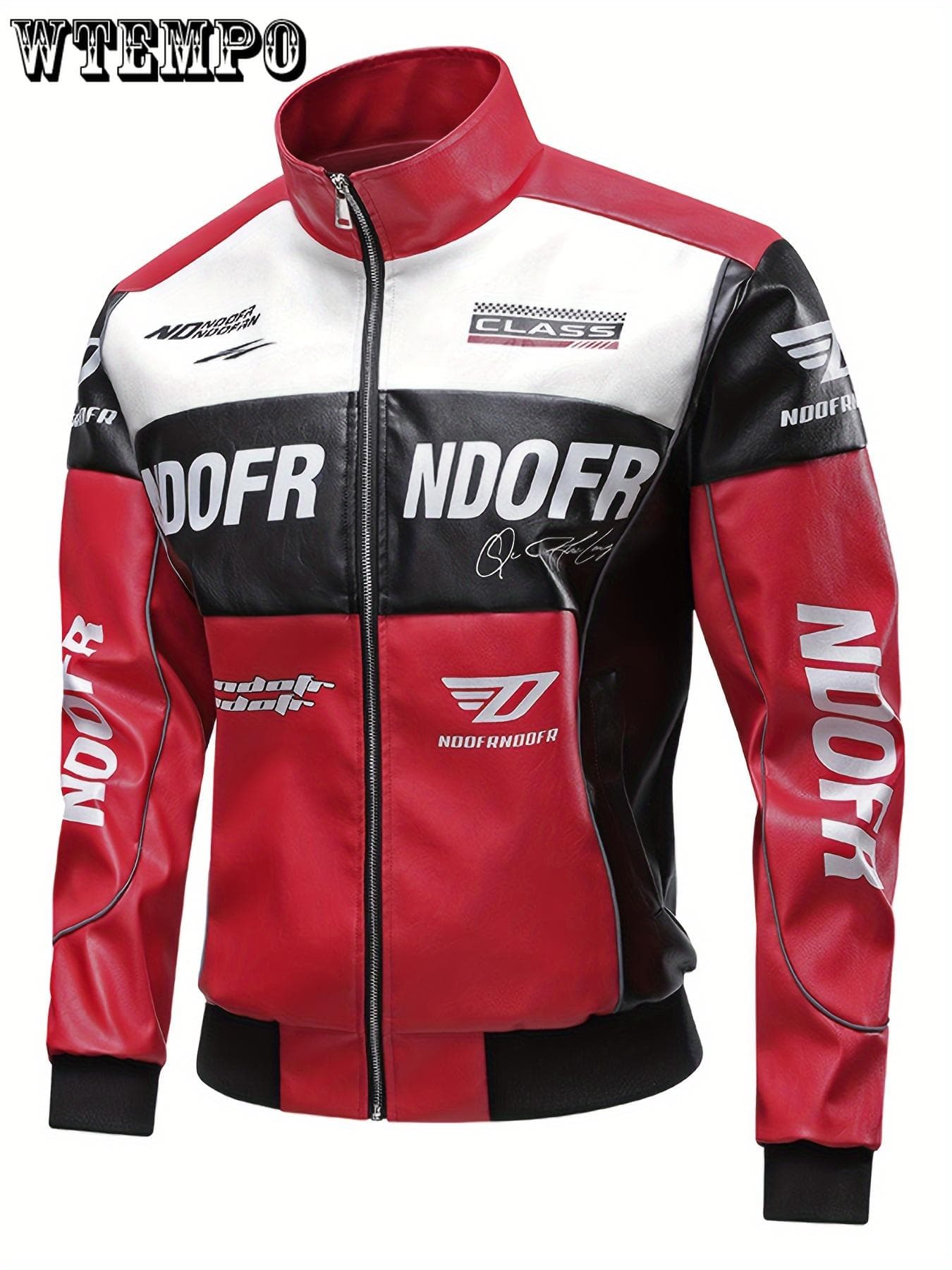 Signature Design Men's Casual Faux Leather Jacket with Small Stand-Up Collar, Alphabet Pattern, Non-Stretch Woven Fabric, Regular Fit with Pockets XXXL red