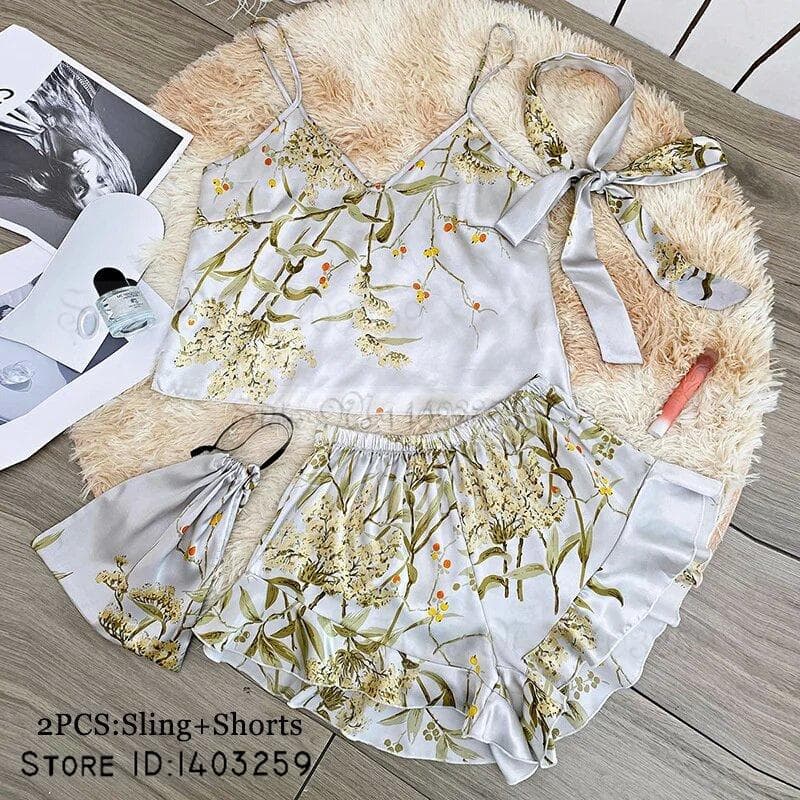 New Female 4PCS Pajamas Set Spring Summer Satin Sleepwear Intimate Lingerie Print Cherry Flower Nightgown Loose Home Clothes L