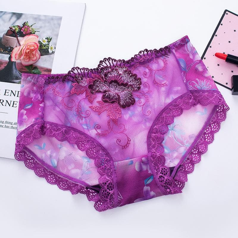 Lace Underwear Sexy Medium Waist Breathable Mesh Embroidery Hollow Large Size Transparent Ladies Underwear XL purple
