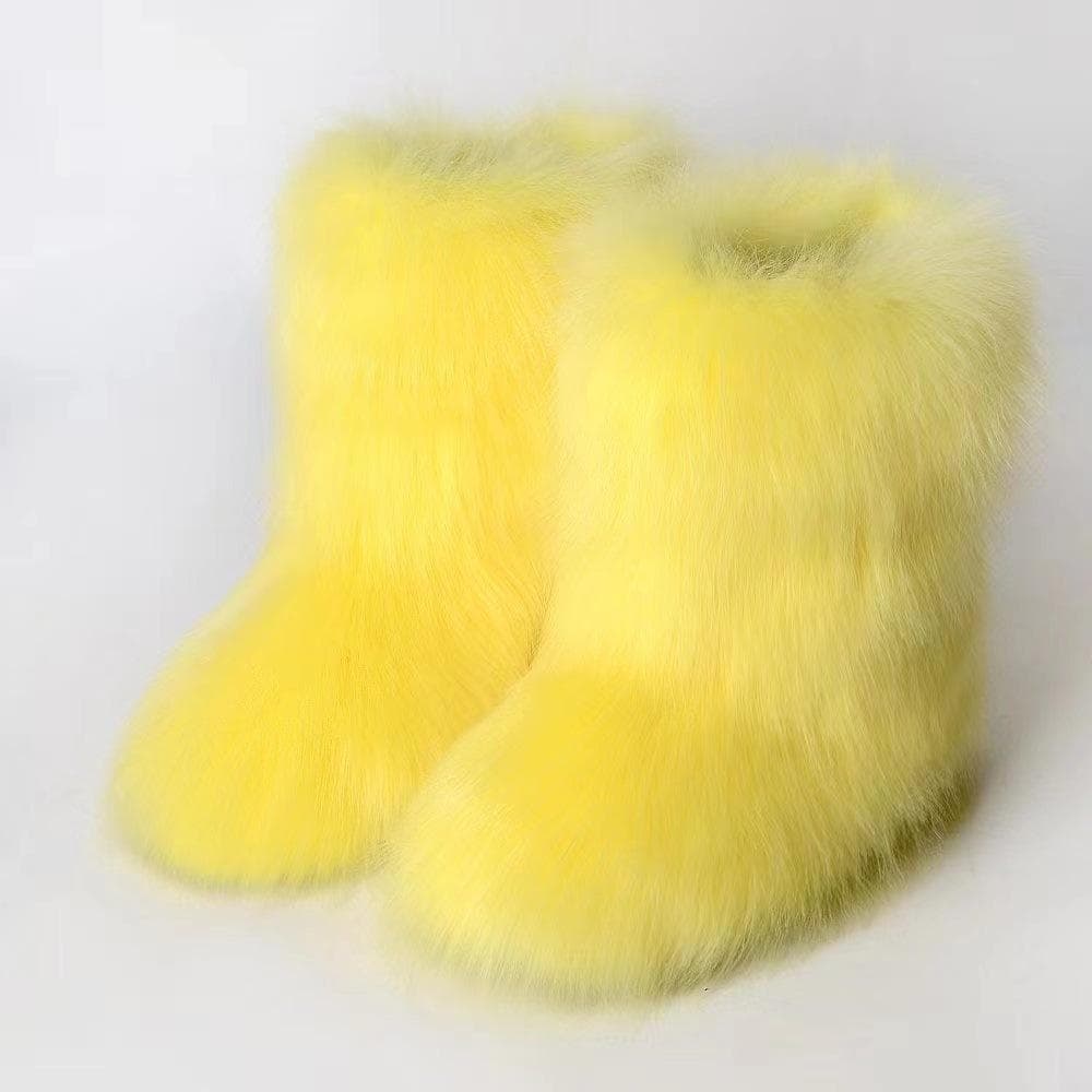 Winter Women Fluffy Faux Fox Fur Boots Woman Plush Warm Snow Boots Luxury Footwear Girls Furry Fur Bottes Fashion Winter Shoe 40 yellow