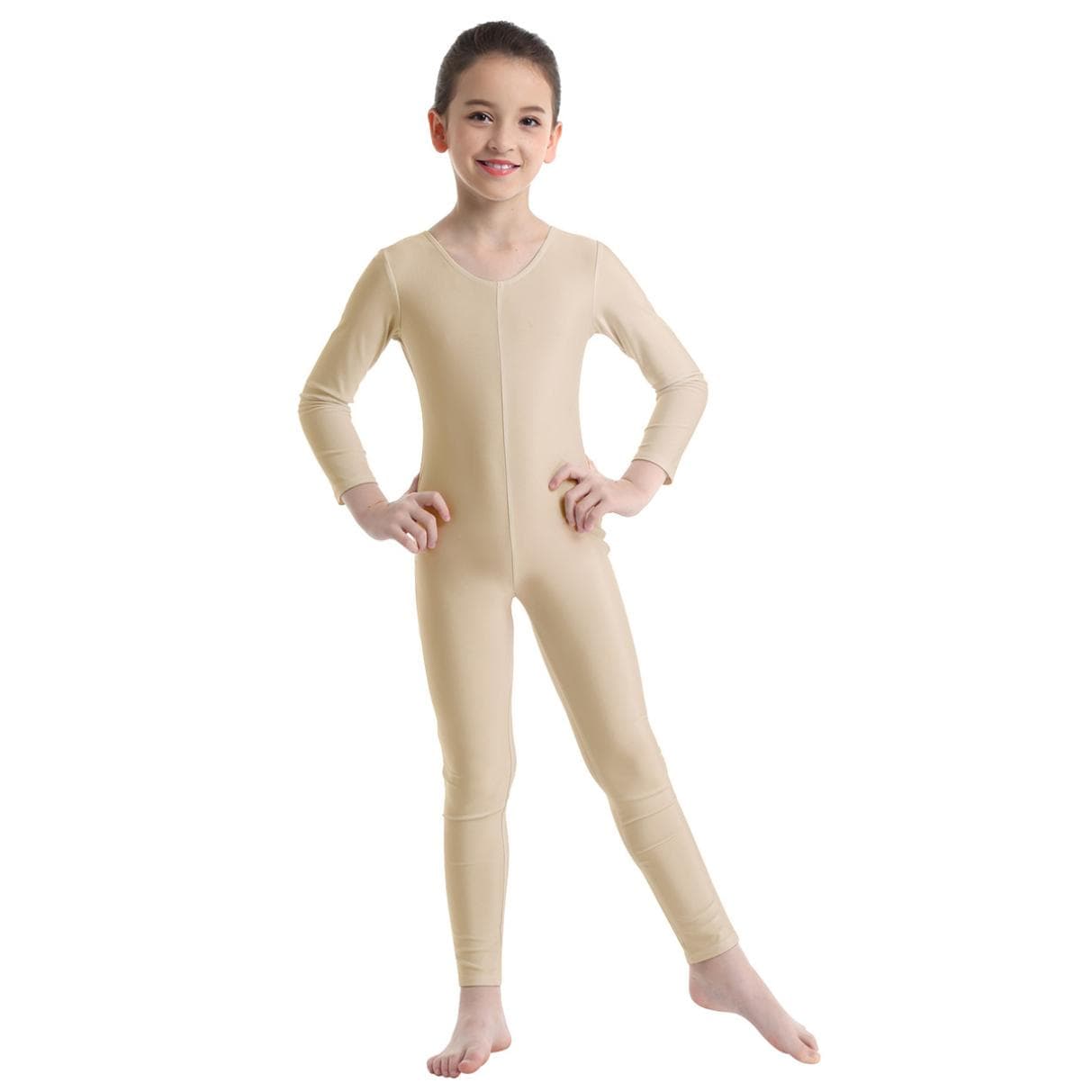 Girls Ballet Dance Crew Neck Unitard Jumpsuit One Piece Full Length Dance Training Catsuit Bodysuit 11-12 Years nude