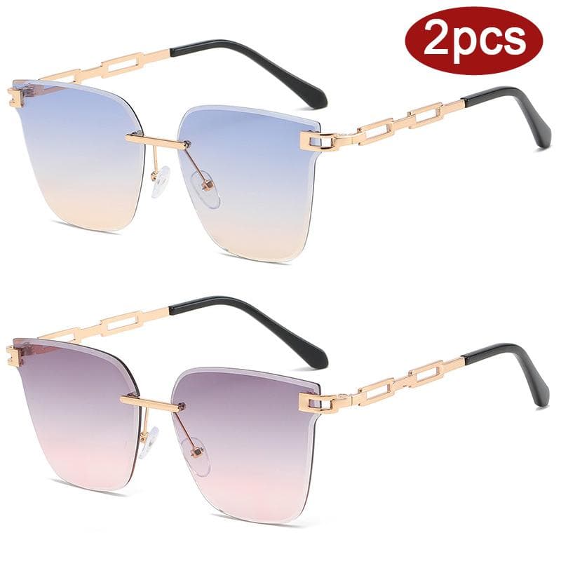 2pcs Fashion Rimless Large Cat Eye Sunglasses Women Gradient Brown UV400 Alloy Eyeglasses