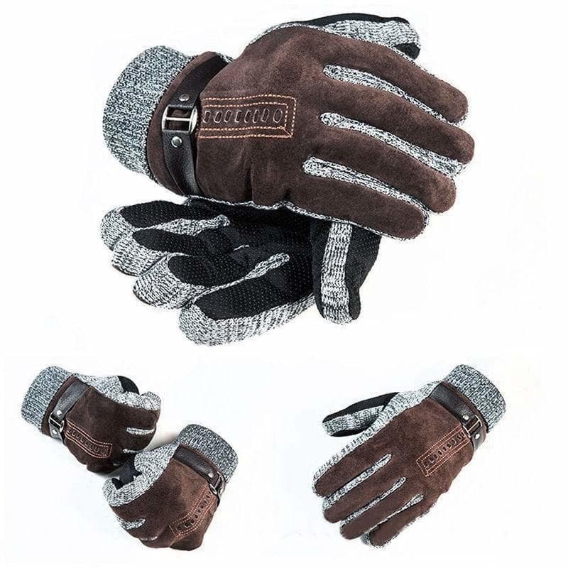 Mens Winter Warm Gloves Leather Thicken Cotton Windproof Driving Mittens coffee