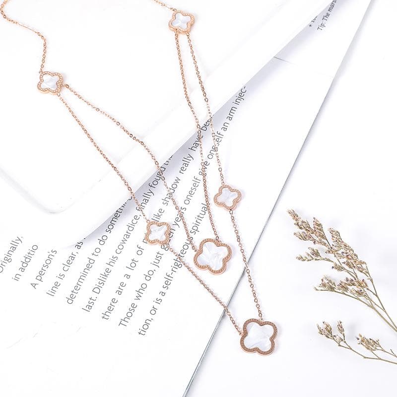 Double chain new titanium steel necklace Four-leaf clover 18k rose gold necklace white