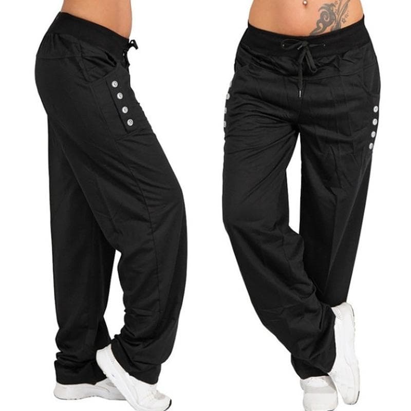 Women Fashion Sports Elastic Waist Casual Loose Drawstring Slim Fit High Quality Long Pants Wide Leg Pants Trousers Plus Size 5XL black