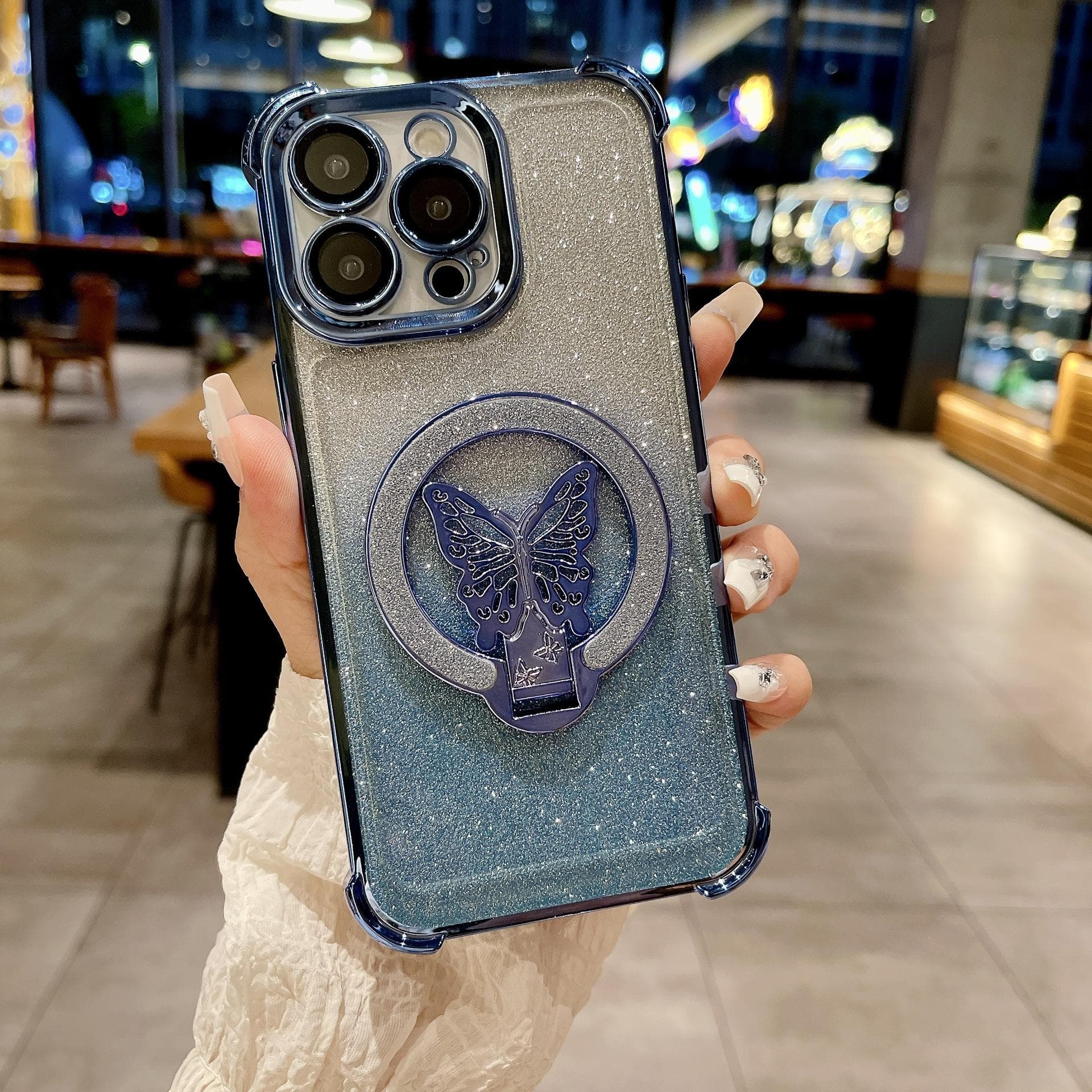 Applicable To Apple 16 Butterfly Flash Powder Stand Magnetic Snap Case Four Corner Airbag Anti-fall IPhone 15 Protective Case 13 iPhone 11 blue