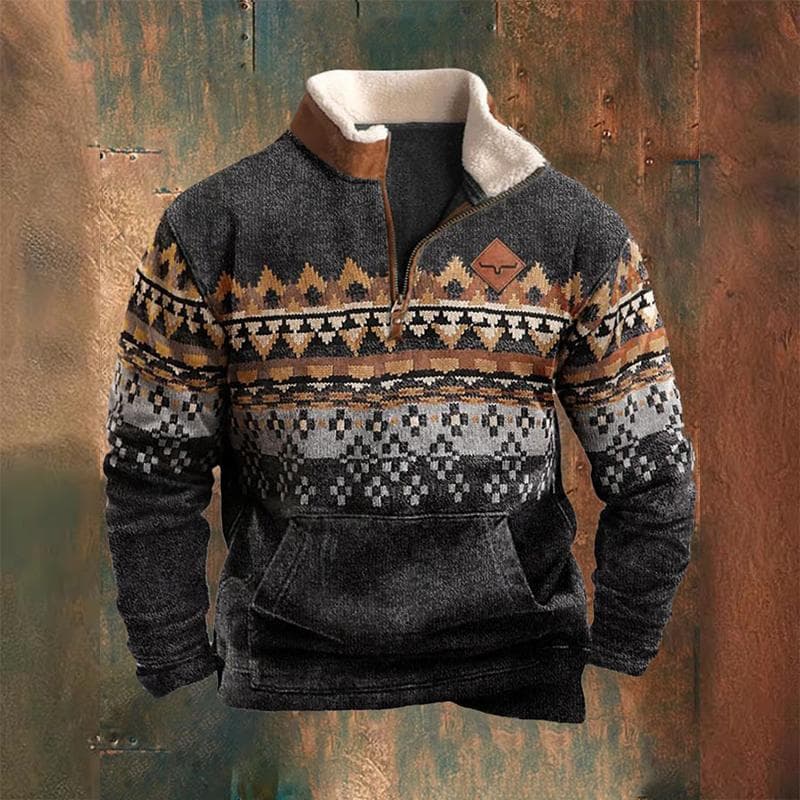 Mens Winter Vintage Print Fleece Collar Long Sleeved Stand Collar Warm Athletic Jackets L grey/black