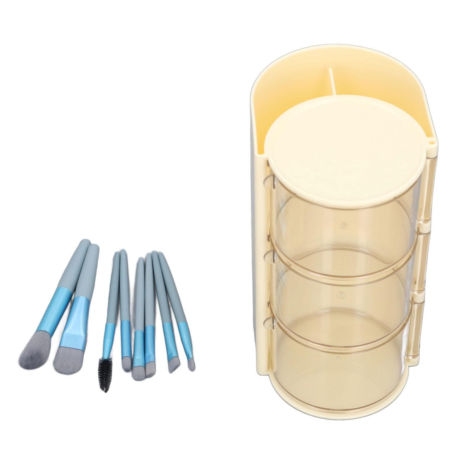 Powder Puff Storage Box with 8pcs Makeup Brushes Plastic Transparent Dust Proof Rotatable 3 Tier yellow