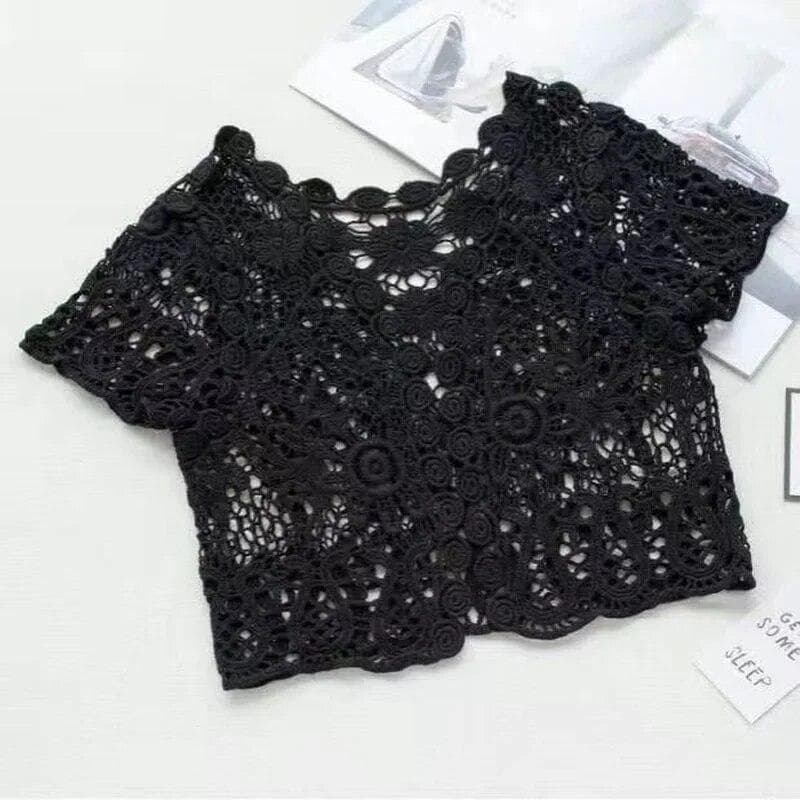 Hot Lace White/Black Bridal Summer Women Short Sleeve Shrug Bolero Wedding Jacket Elegant Cape L black