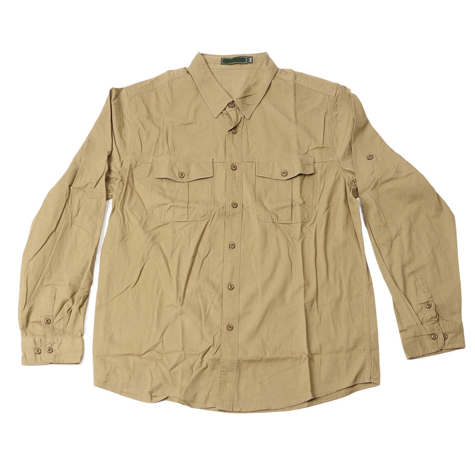 Men Workshirt Long Sleeves Chest Pocket Cotton Turn Down Collar Work Shirt for Outdoor Home Khaki 4XL
