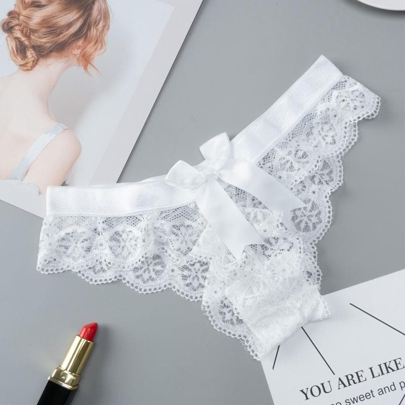 Lady Amazing Lingerie Lace G String Underwear Female T-back Sexy Fashion Thong Ladies Back Bow Transparent Panties M white