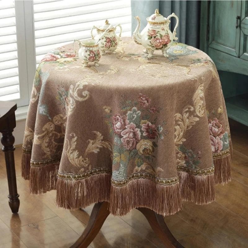 European Luxury Round Tablecloths Rose Jacquard Dining Table Cloth Tassels Retro Chenille Table Cover Wedding Party Events Home 140cm-Round