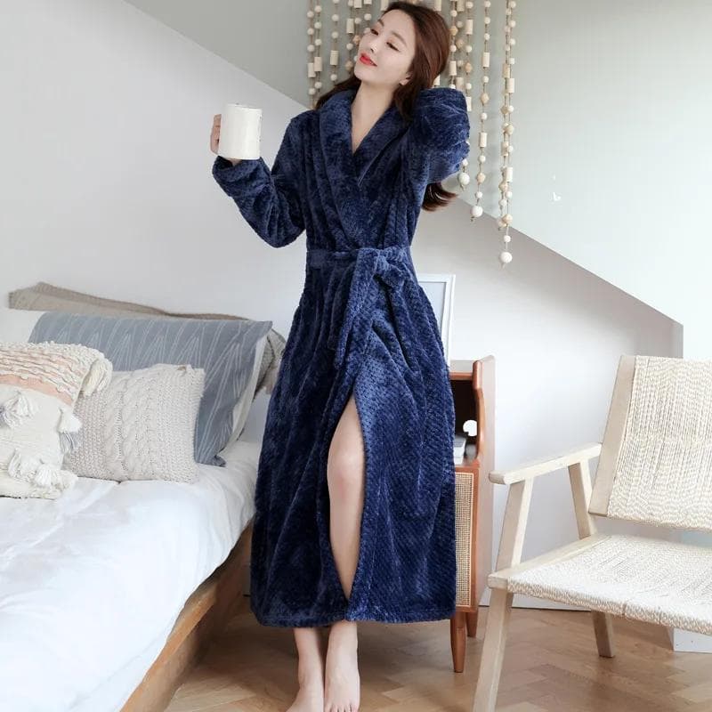 Winter Warm Coral Velvet Kimono Robe Women's Nightgown Pajamas Pajamas Long Bathrobe Intimate Underwear New Home Clothes M navy blue