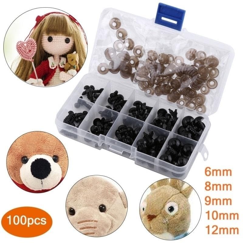 100Pcs 6-12mm Black Plastic Safety Eyes for Bear Doll Puppet Plush Animal Toy