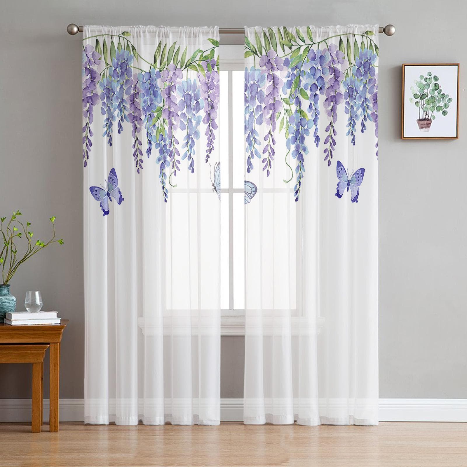 Spring Flowers Watercolor Wisteria Sheer Window Curtain Tulle Curtains for Livingroom Bedroom Hotel Home Decor Voile Drapes 135W x 114H(cm)