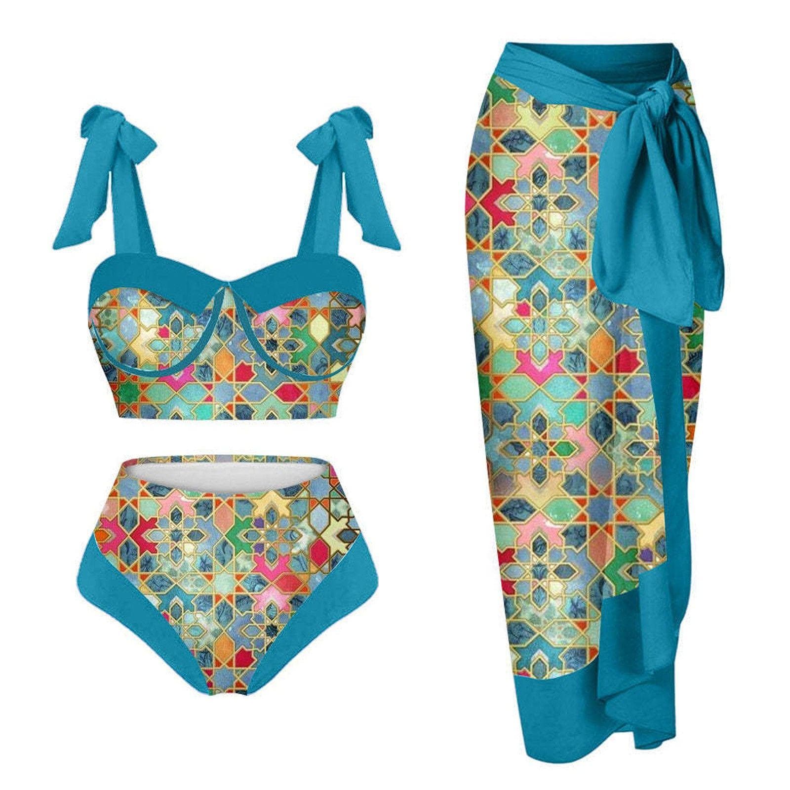 Boho Chic Fake Plus Size Swimsuit,Vintage Printed Multi-color Chiffon Gauze Dress Spa Swimsuit 2XL 140-155